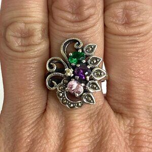 Sterling Silver 925 Multi Colored CZ Marcasite Floral Flower Cluster Ring Sz 8